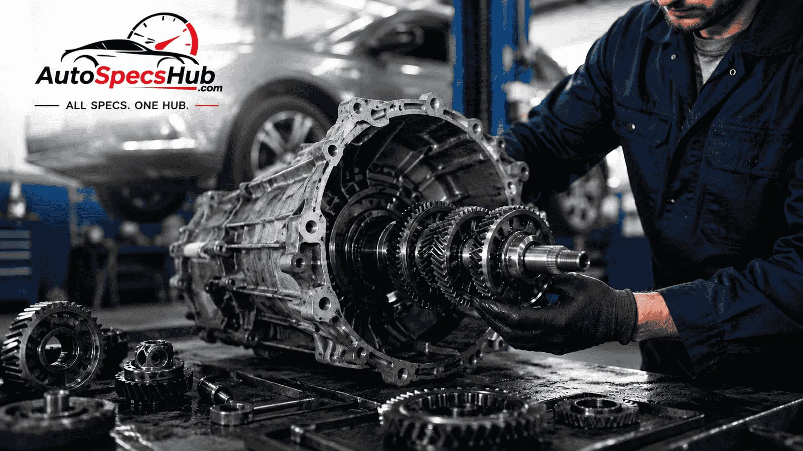 Mechanic inspecting a vehicle transmission with exposed gears and components during gearbox repair in an automotive workshop.