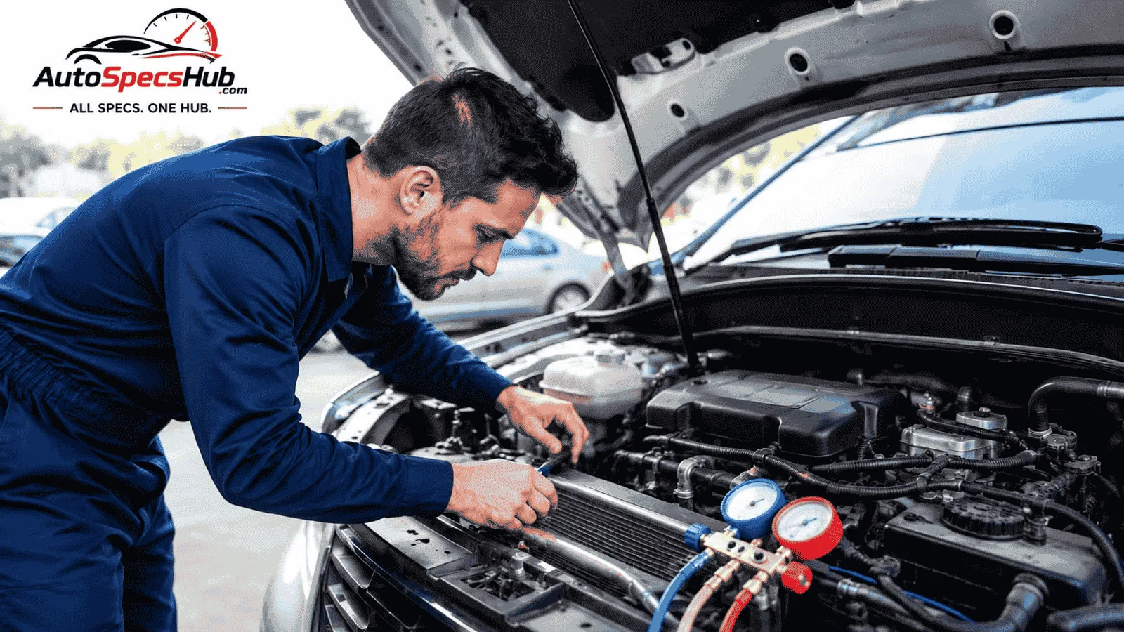 Mechanic inspecting a car AC system under the hood with diagnostic gauges to identify causes of hot air issues.