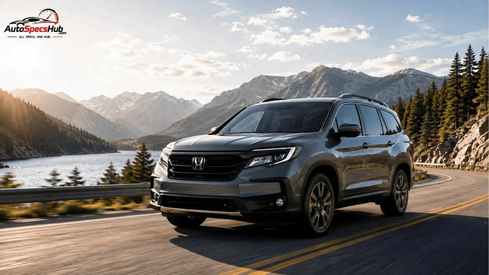 Honda Pilot driving through scenic mountains with AutoSpecsHub logo, creating a clean and professional blog cover.