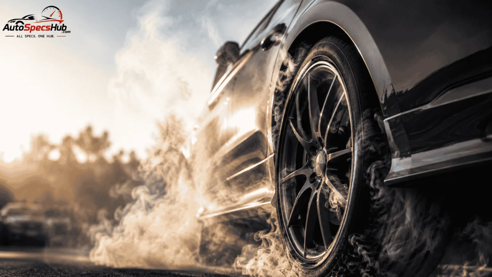 Car tire producing smoke and burning rubber smell, highlighting potential brake, tire, or engine-related issues.