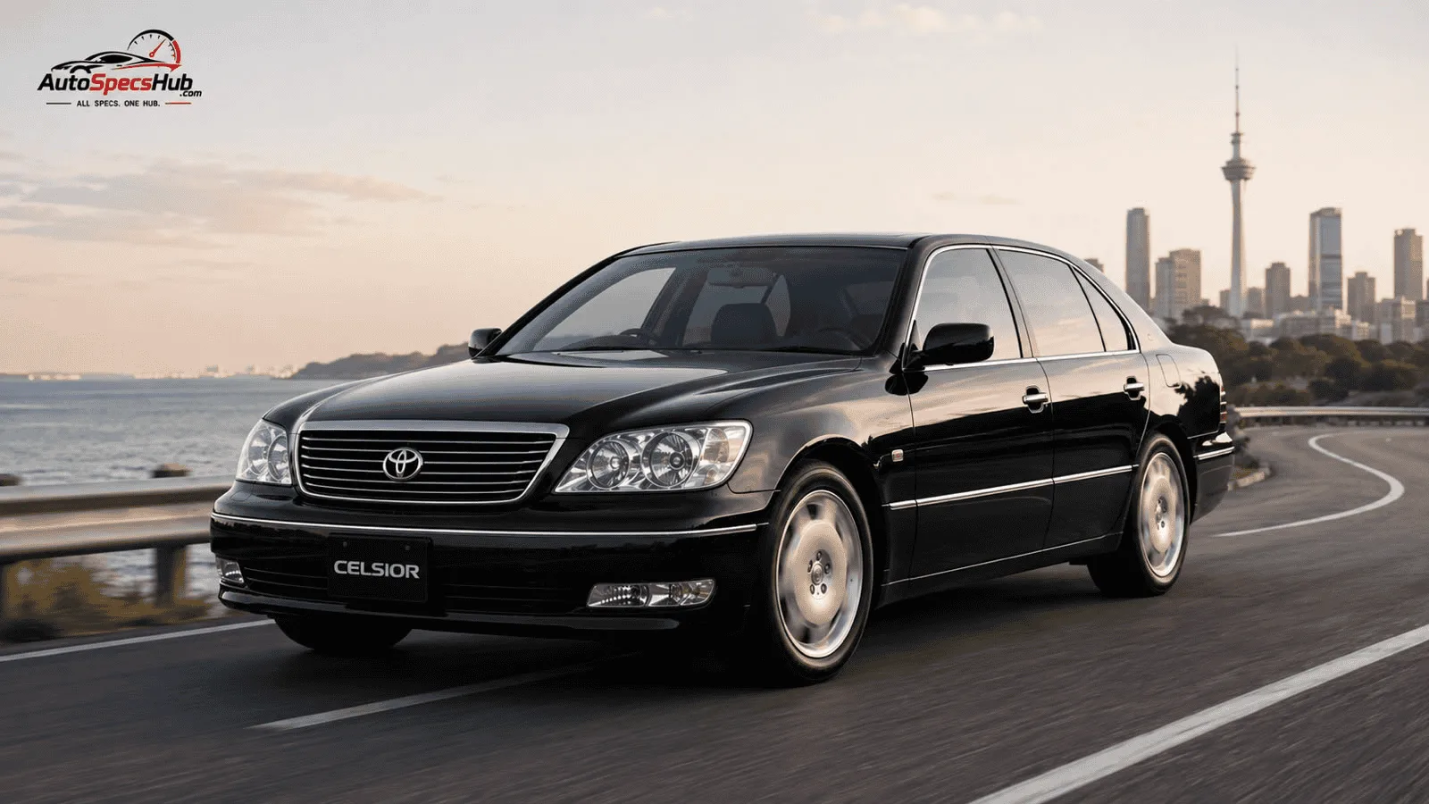 Black Toyota Celsior cruising on a scenic coastal road at sunset, showcasing timeless luxury, elegance, and heritage.