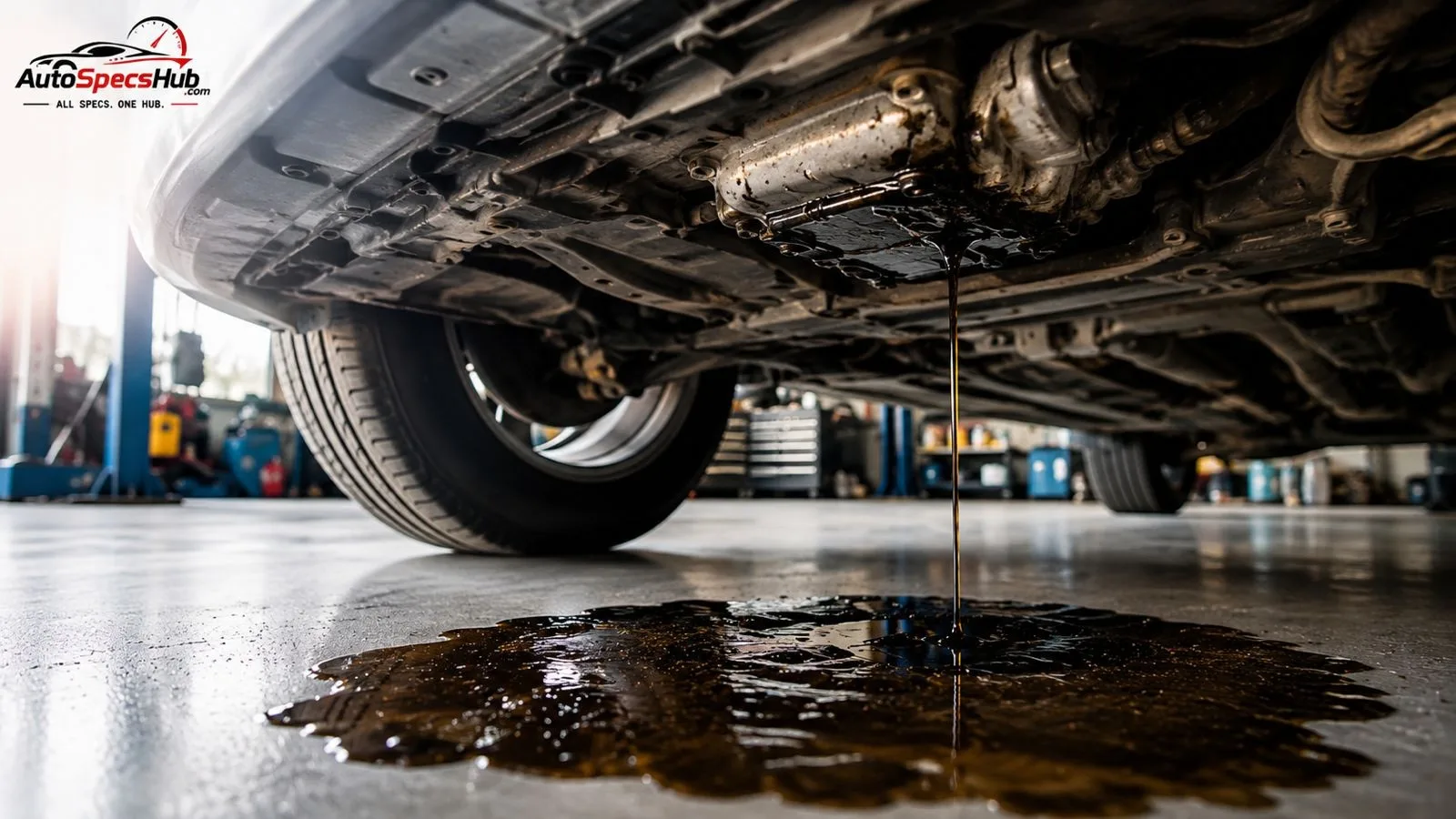 Engine oil leaking from beneath a car onto a garage floor, highlighting a common vehicle oil leak and maintenance issue.