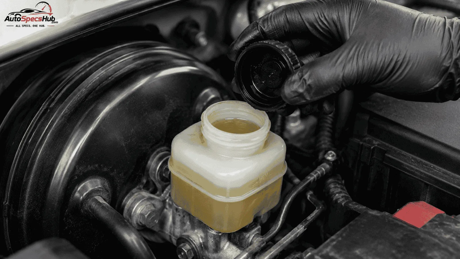 Brake fluid reservoir inspection during vehicle maintenance.