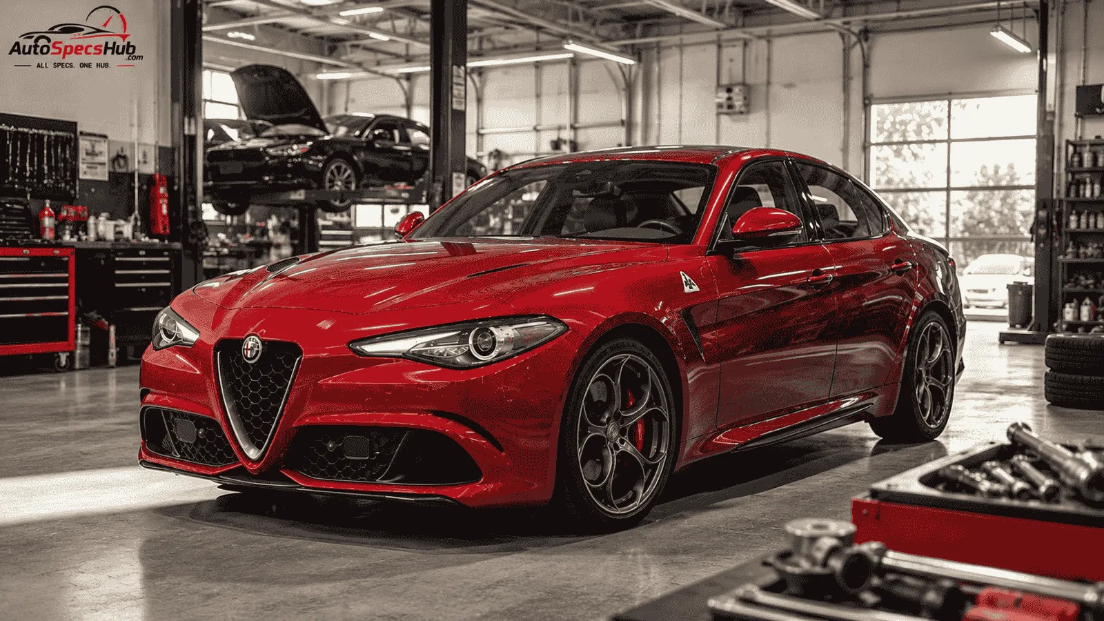 Red Alfa Romeo in a professional auto workshop, highlighting reliability, maintenance, common problems, and ownership costs.