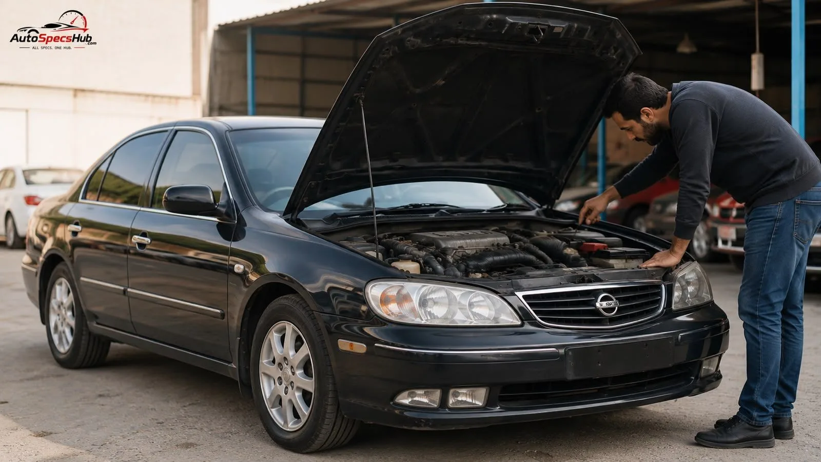 Nissan Cefiro inspection before purchase with mechanic checking engine, realistic used car buying guide image.