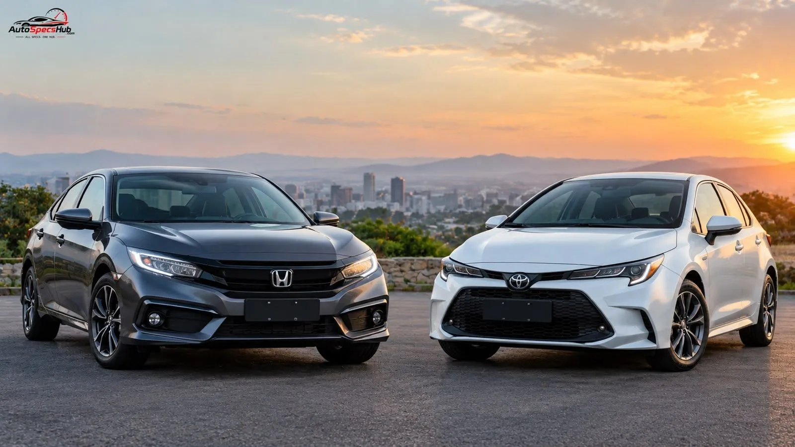Honda Civic and Toyota Corolla parked side by side in a realistic automotive comparison scene with AutoSpecsHub logo.