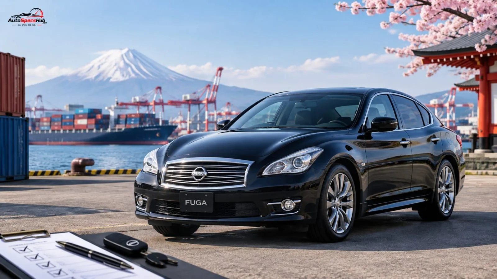 Nissan Fuga parked in Japan, highlighting key inspection points buyers should check before importing this luxury JDM sedan.