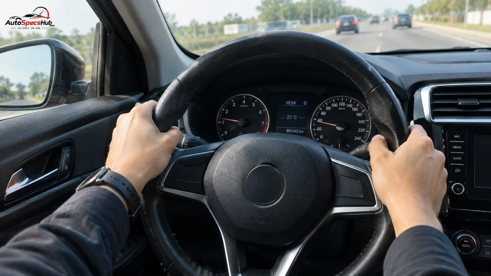 Realistic driver view showing a vibrating steering wheel while driving, highlighting common causes, warning signs, and fixes.