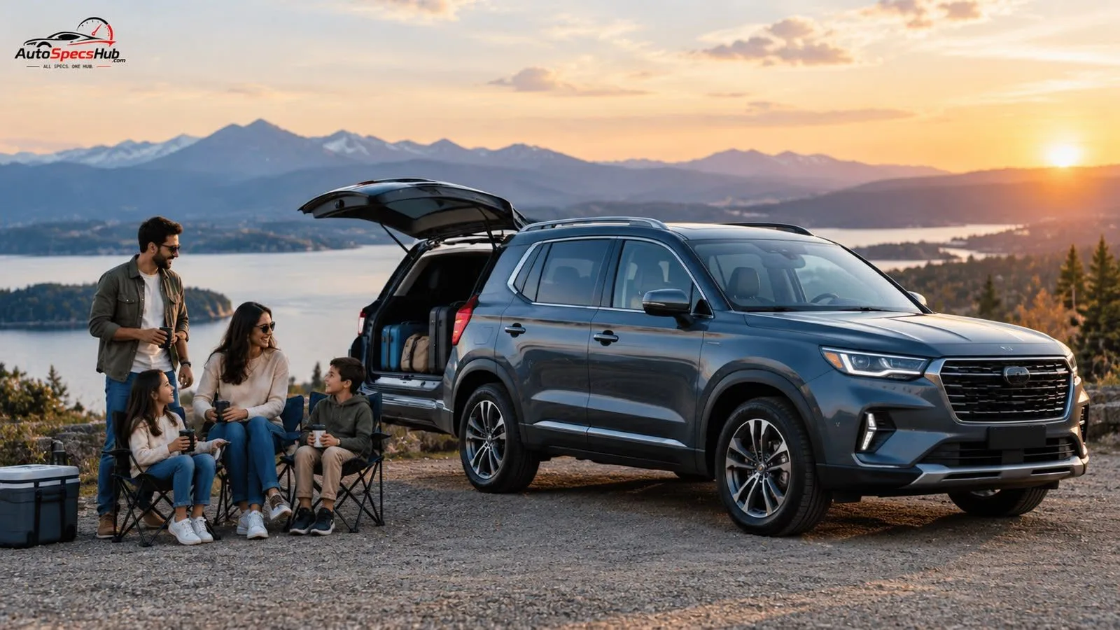 Modern family SUV parked at a scenic overlook with parents, children, and luggage, highlighting comfort, safety, space,.