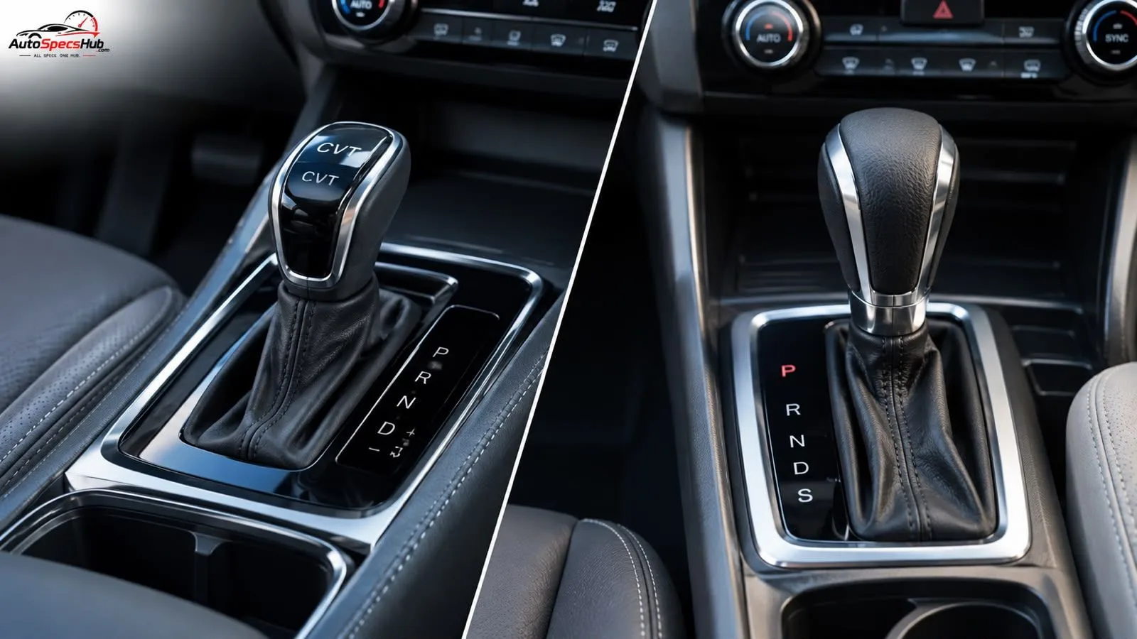 Two modern sedans in a professional automotive facility, comparing CVT and automatic transmission technology.
