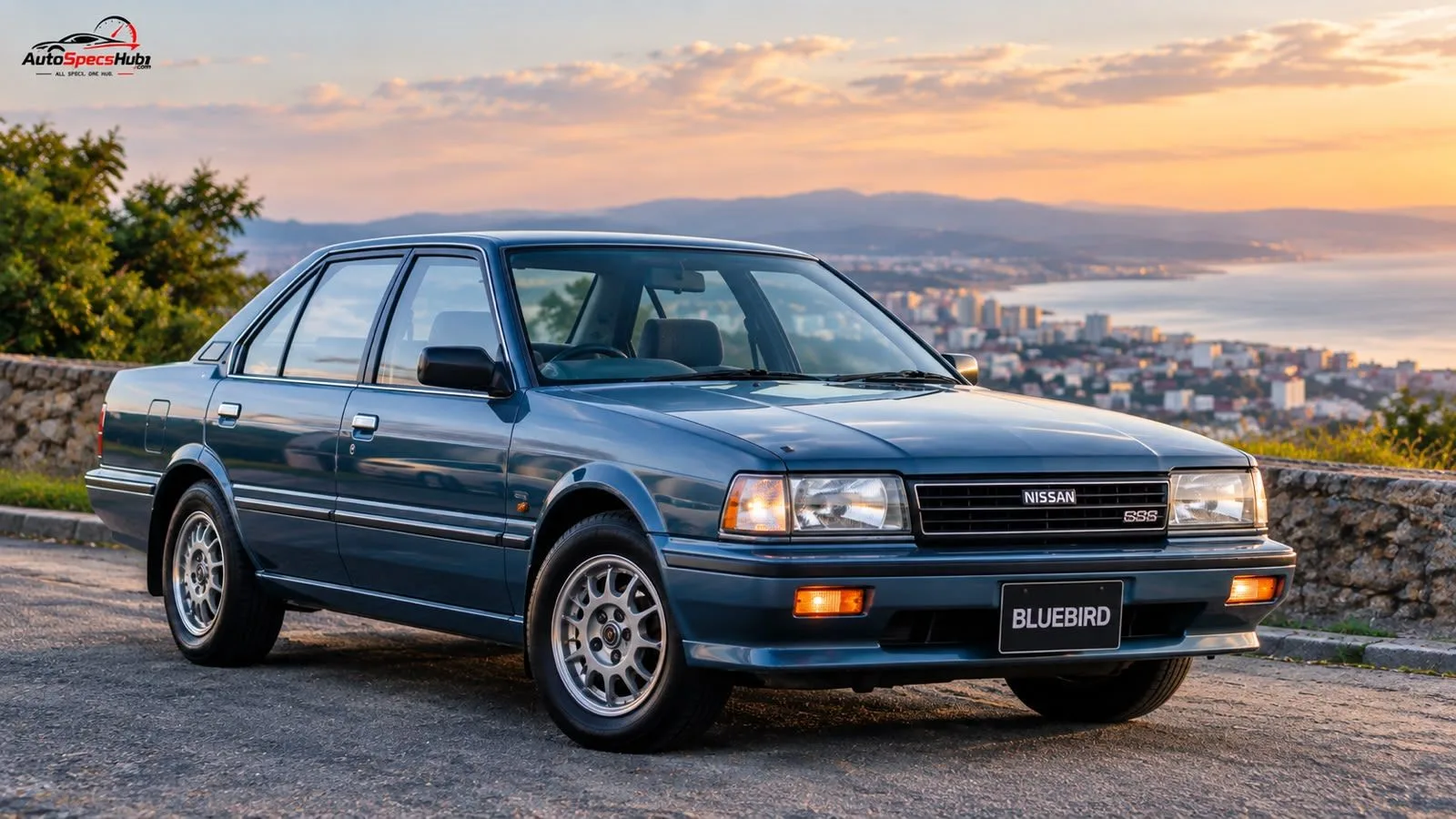 Classic blue Nissan Bluebird sedan at sunset with city views, showcasing the design that made this sedan so popular.