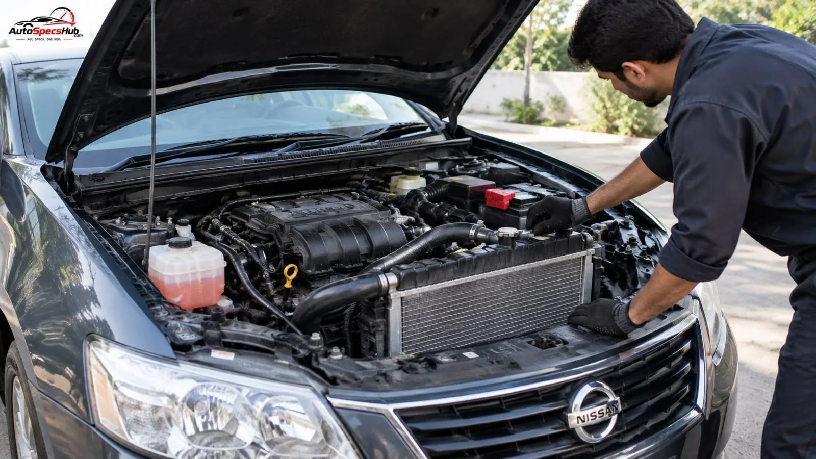 car with the hood open while a mechanic inspects the radiator and engine cooling system showing visible radiator.