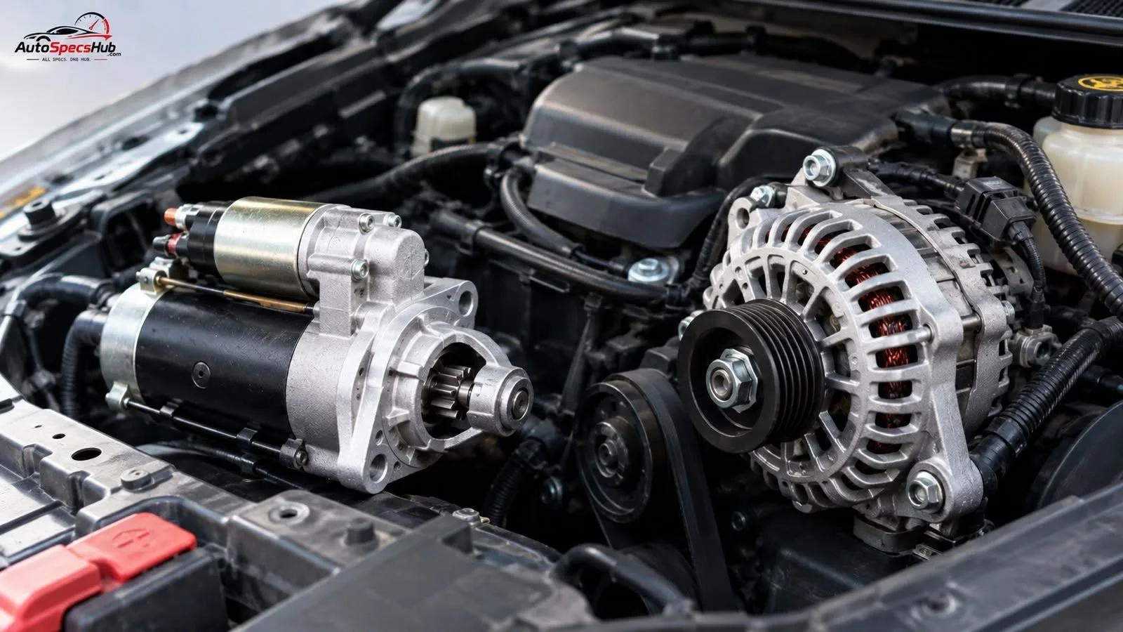 Starter motor and alternator inside a car engine bay, showing key electrical components used for starting and charging.