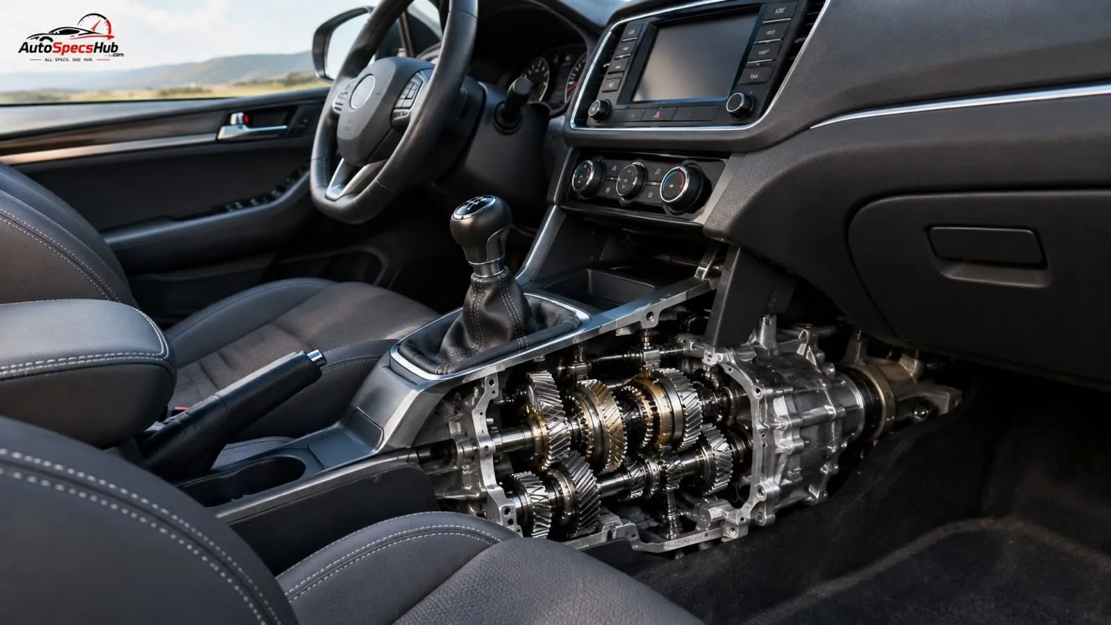 Wide view of a car interior with manual gear shifter and visible transmission, showing how gear ratios affect driving.