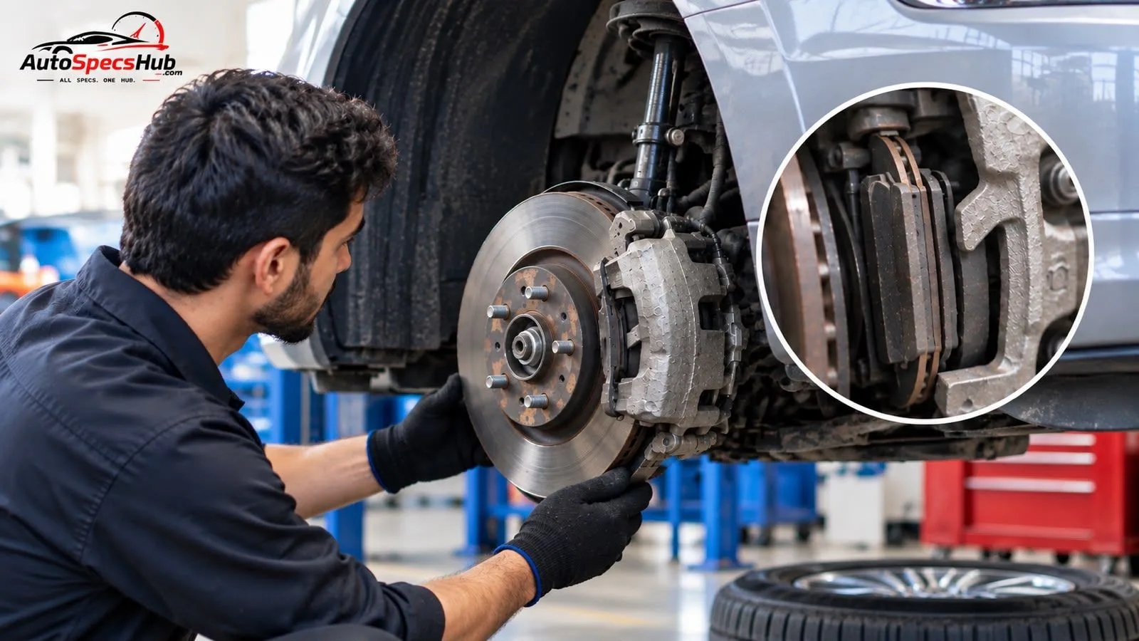 Mechanic inspecting a car brake system with exposed rotor and brake pads during routine maintenance.