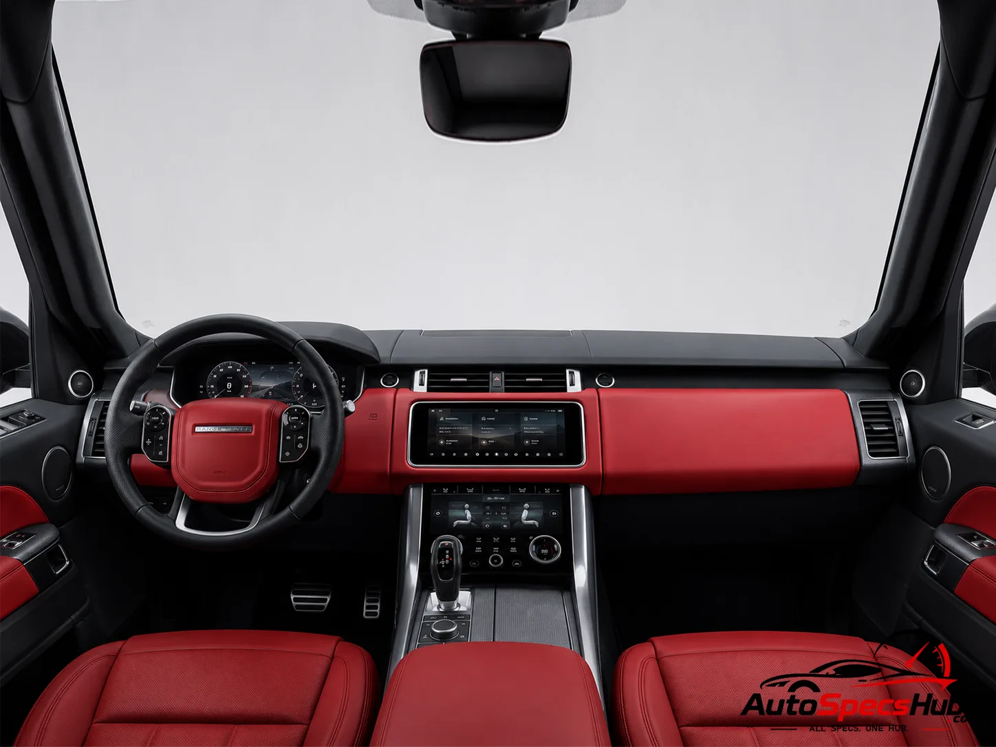 2019 Land Rover Range Rover Sport P400 MHEV interior dashboard and front cabin with red leather seats