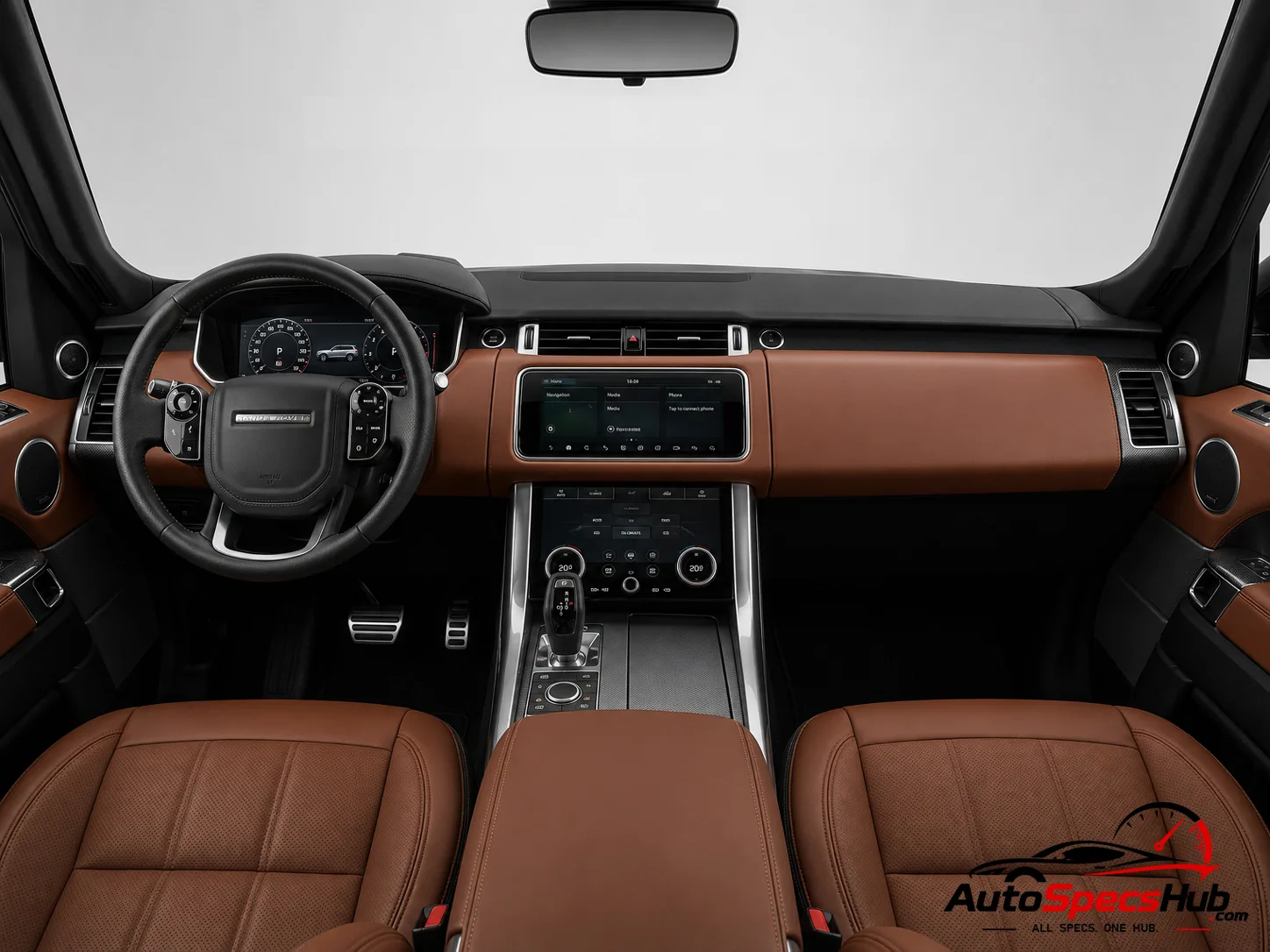 2018 Land Rover Range Rover Sport 4.4 SDV8 interior dashboard and front cabin with tan leather seats