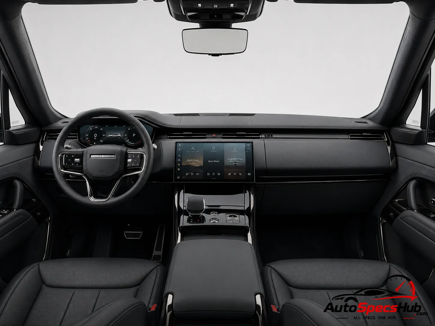 2023 Land Rover Range Rover Sport P530 interior dashboard and front cabin with black leather seats