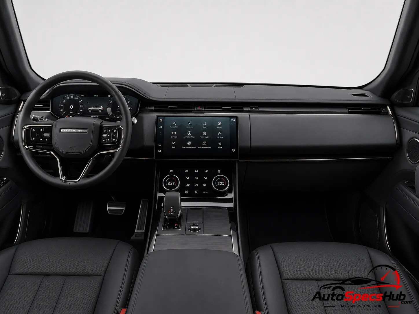 2022 Land Rover Range Rover Sport P510e interior dashboard and front cabin with black leather seats