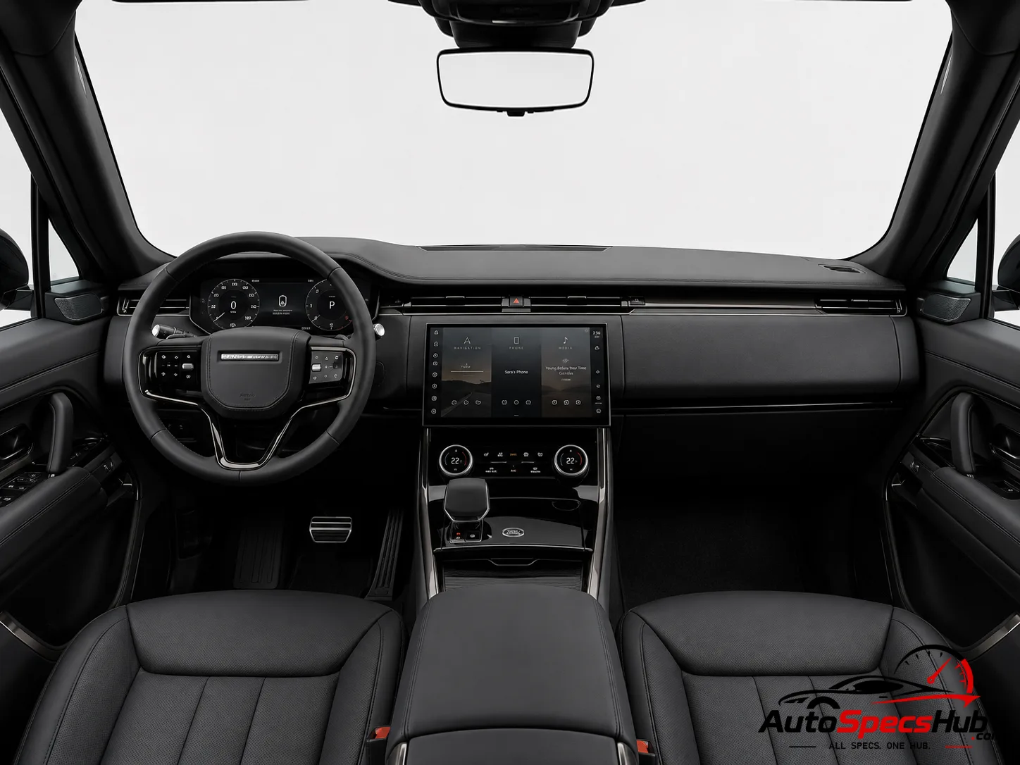 2022 Land Rover Range Rover Sport P400 interior dashboard and front cabin with black leather seats