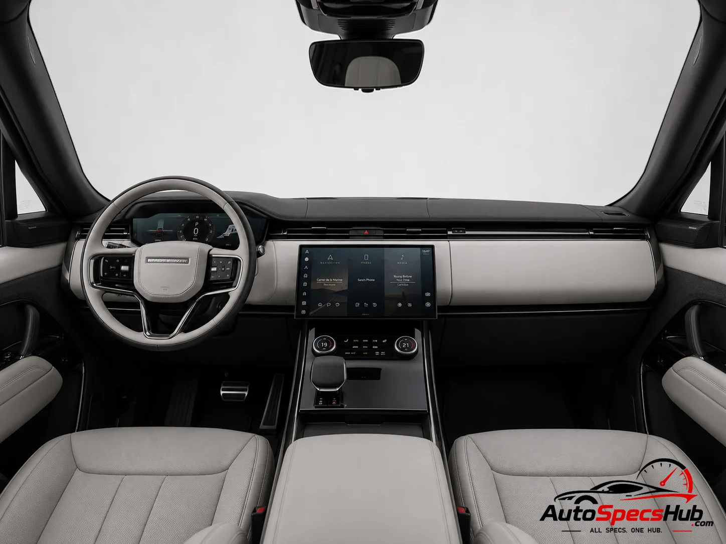 2022 Land Rover Range Rover Sport P440e interior dashboard and front cabin with Light Cloud and Ebony leather seats