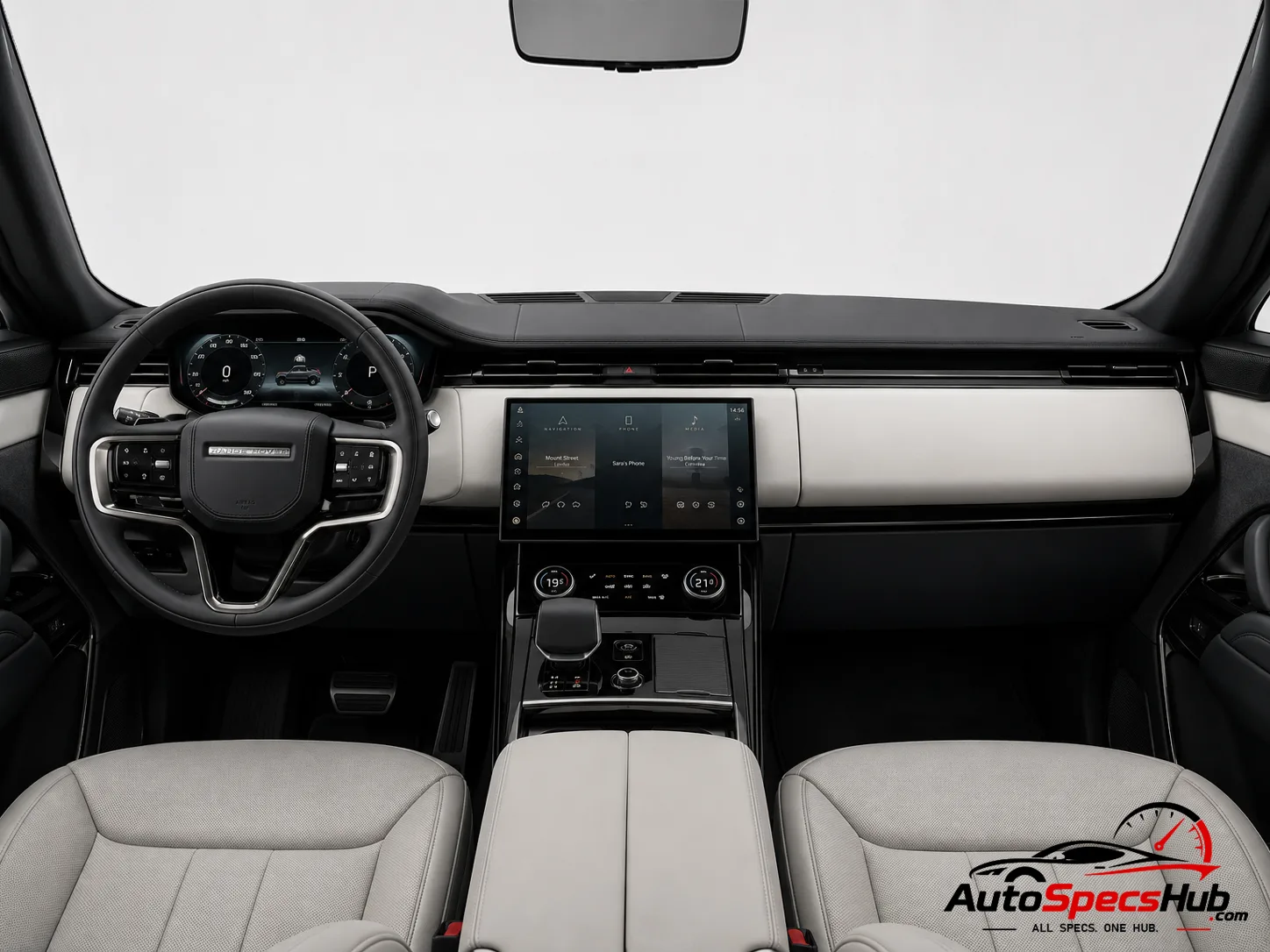 2023 Land Rover Range Rover Sport P460e interior dashboard and front cabin with Light Cloud and Ebony leather upholstery