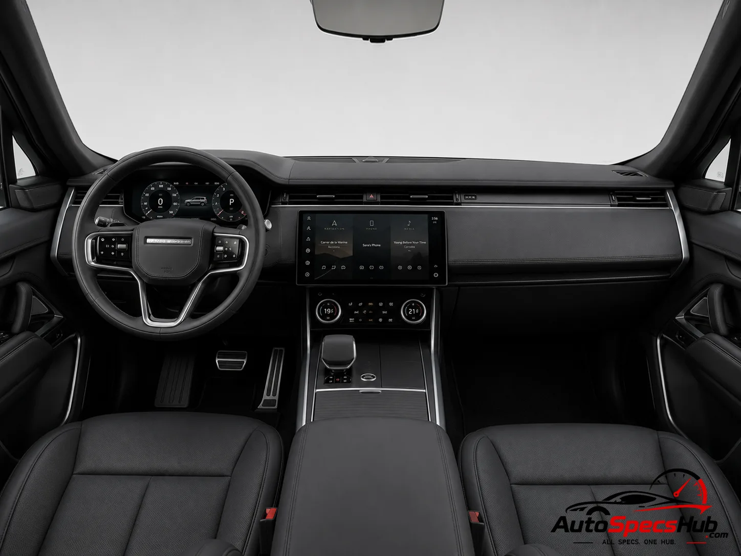 2022 Land Rover Range Rover Sport P360 interior dashboard and front cabin with Ebony leather seats
