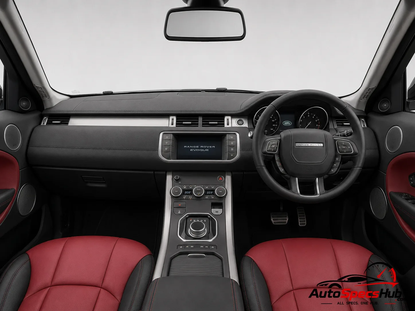 2011 Land Rover Range Rover Evoque 2.2 TD4 interior dashboard and front cabin with black and red leather seats