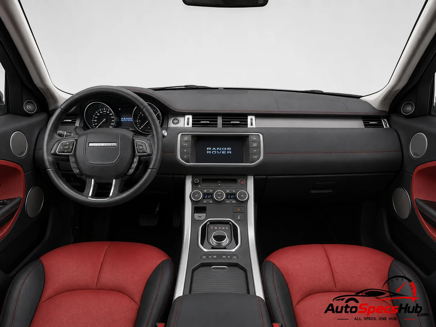 2011 Land Rover Range Rover Evoque 2.2 eD4 interior dashboard and front cabin with black and red leather seats