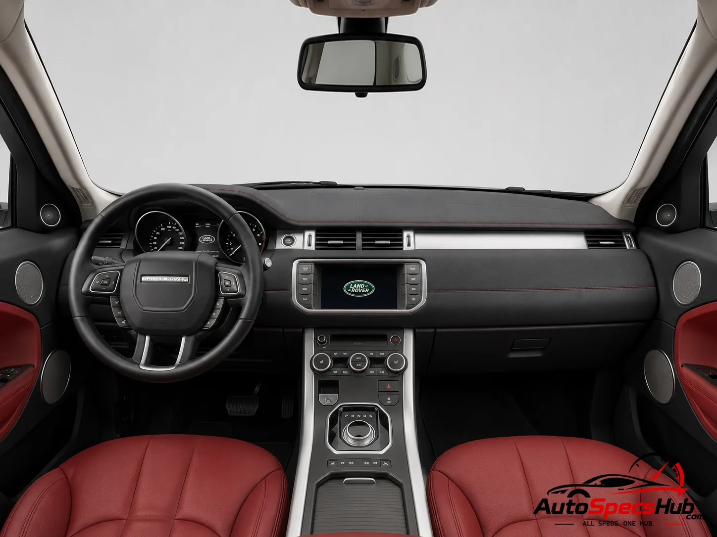 2011 Land Rover Range Rover Evoque 2.0 Si4 interior dashboard and front cabin with black and red leather seats