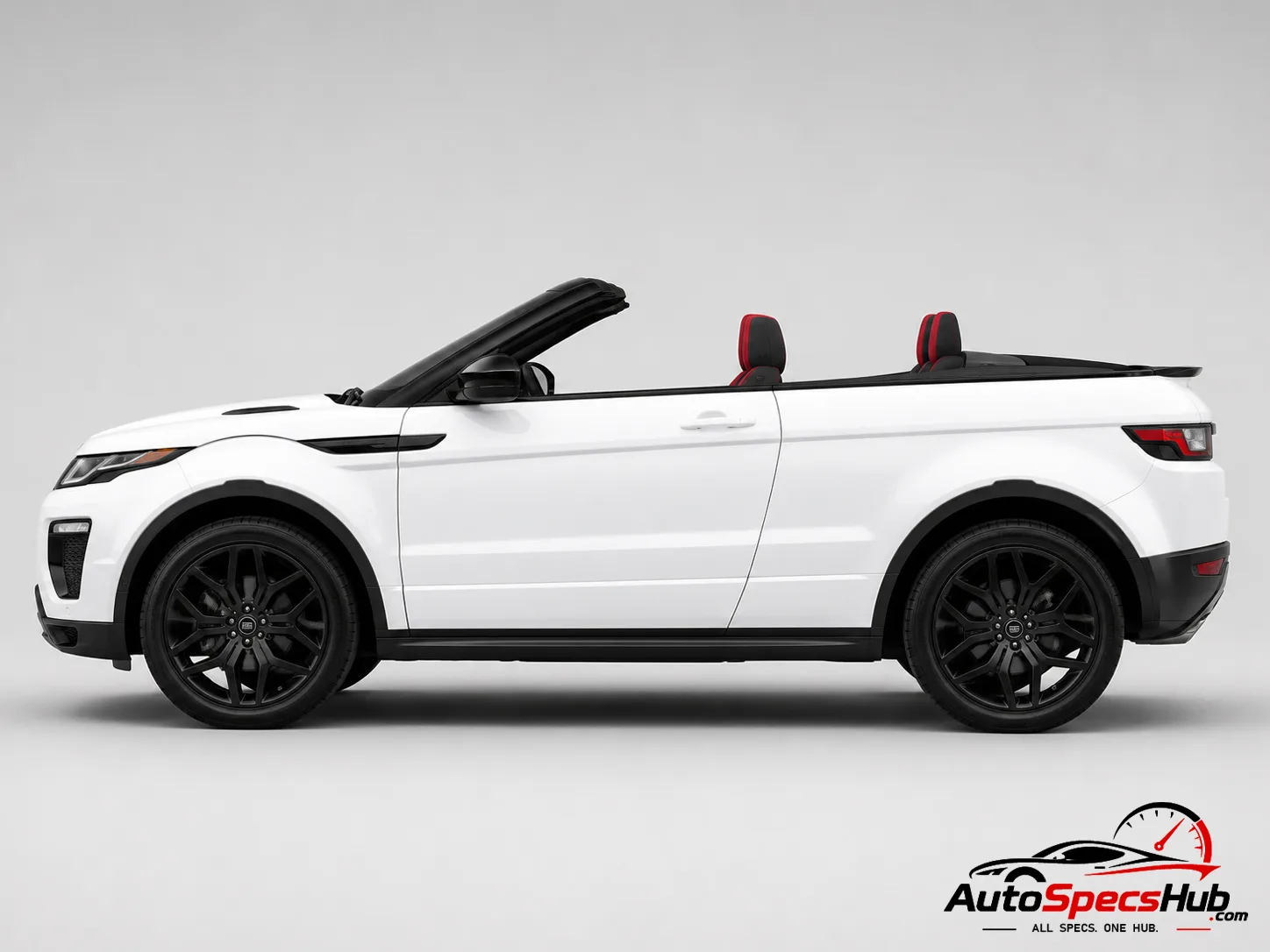 2016 Land Rover Range Rover Evoque Cabriolet Si4 side profile with soft top down in Fuji White