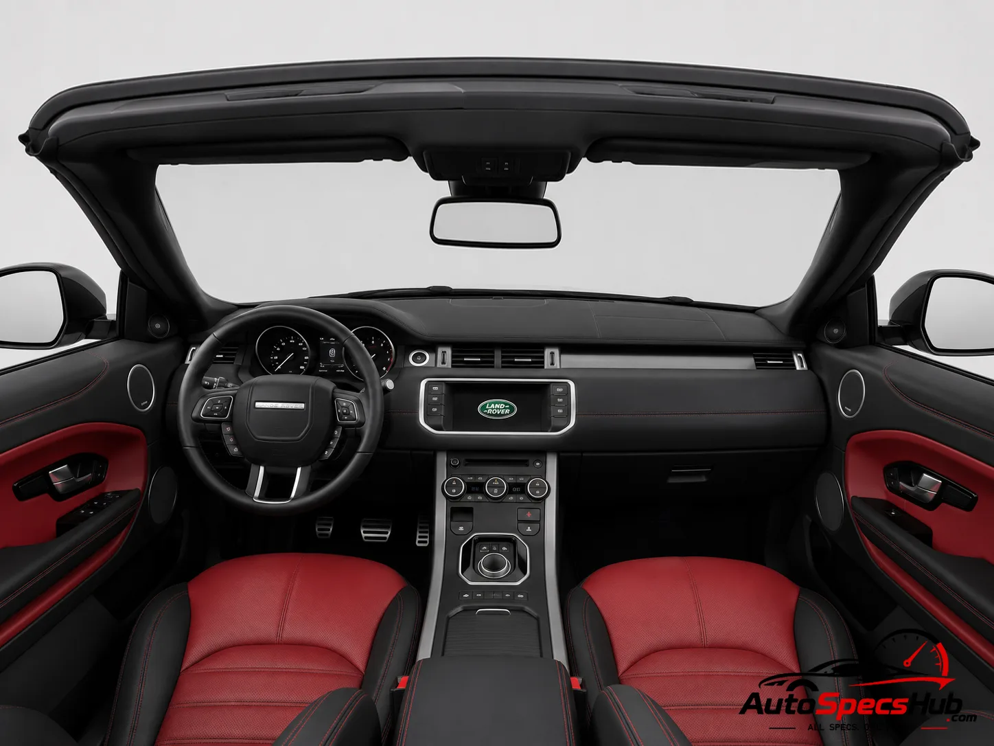 2016 Land Rover Range Rover Evoque Cabriolet Si4 interior dashboard and front cabin with red and black leather seats