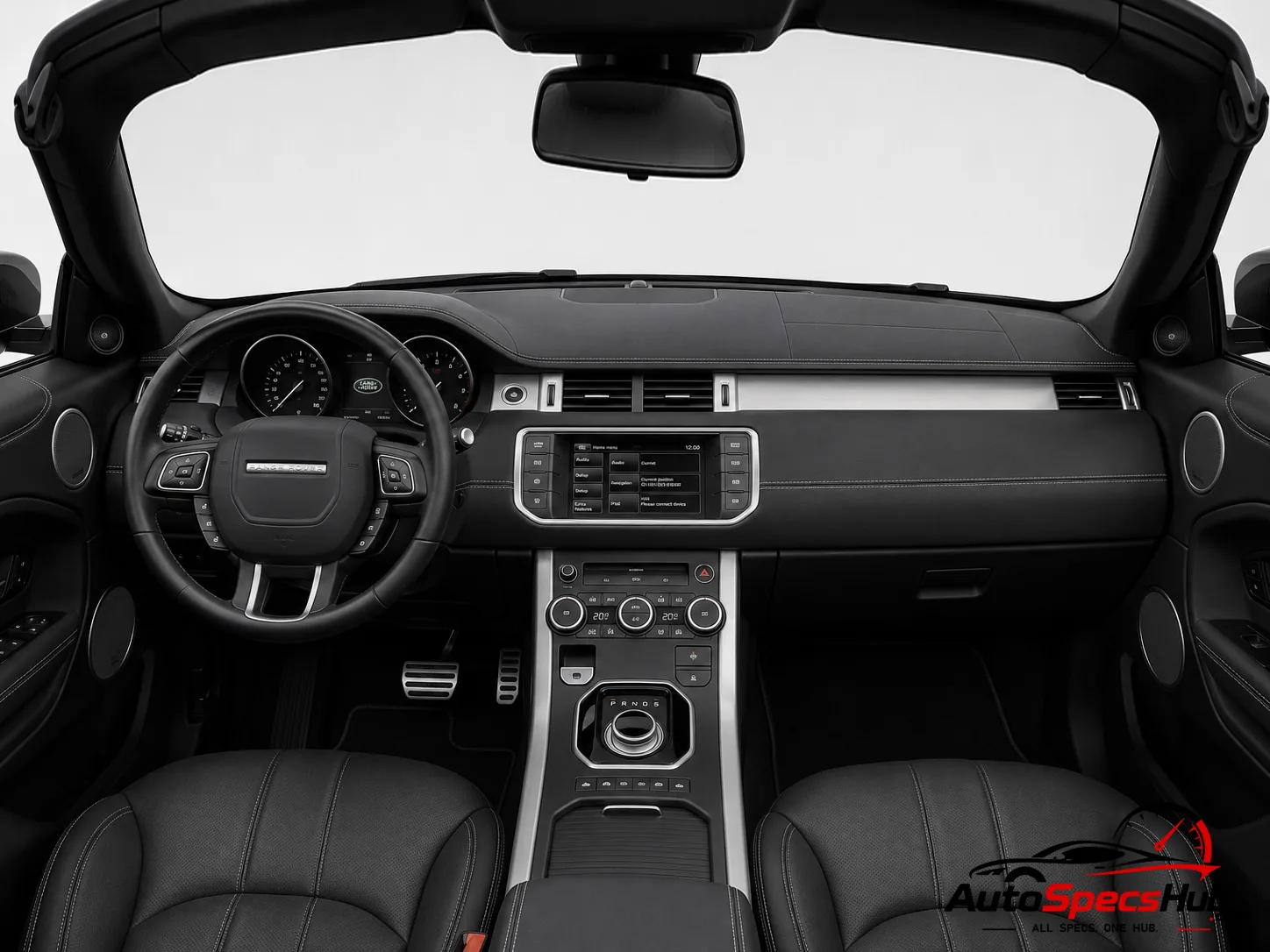 2016 Land Rover Range Rover Evoque Cabriolet TD4 interior dashboard and front cabin with black leather seats