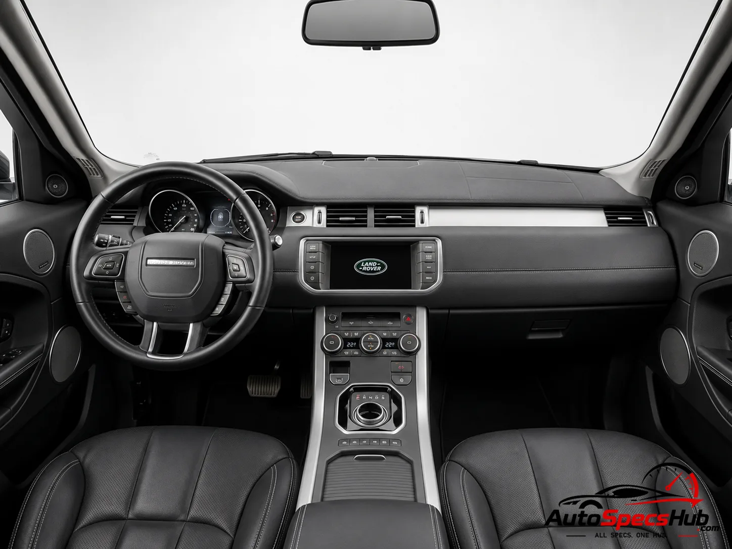 2015 Land Rover Range Rover Evoque Si4 interior dashboard and front cabin with black leather seats