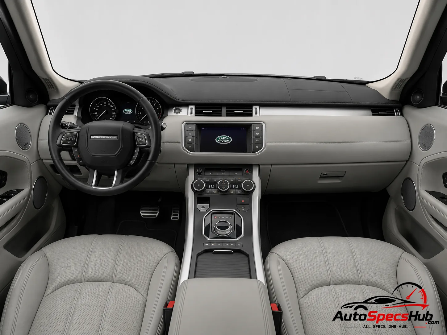2015 Land Rover Range Rover Evoque Coupé Si4 interior dashboard and front cabin with light gray leather seats