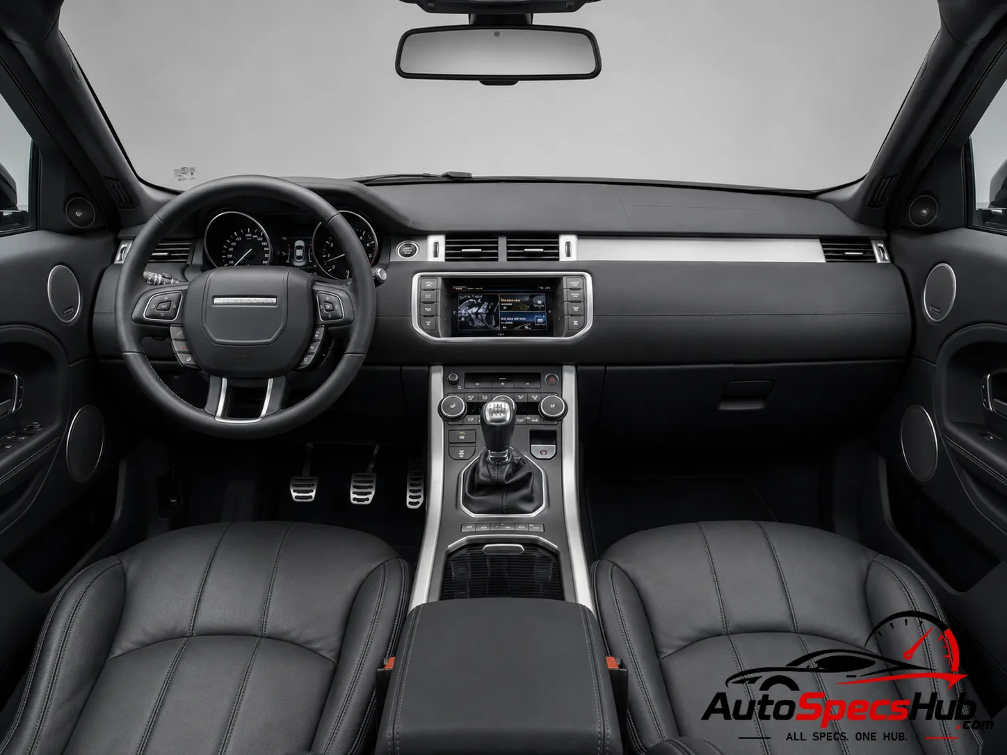 2015 Land Rover Range Rover Evoque Coupé TD4 interior dashboard and front cabin with black leather seats