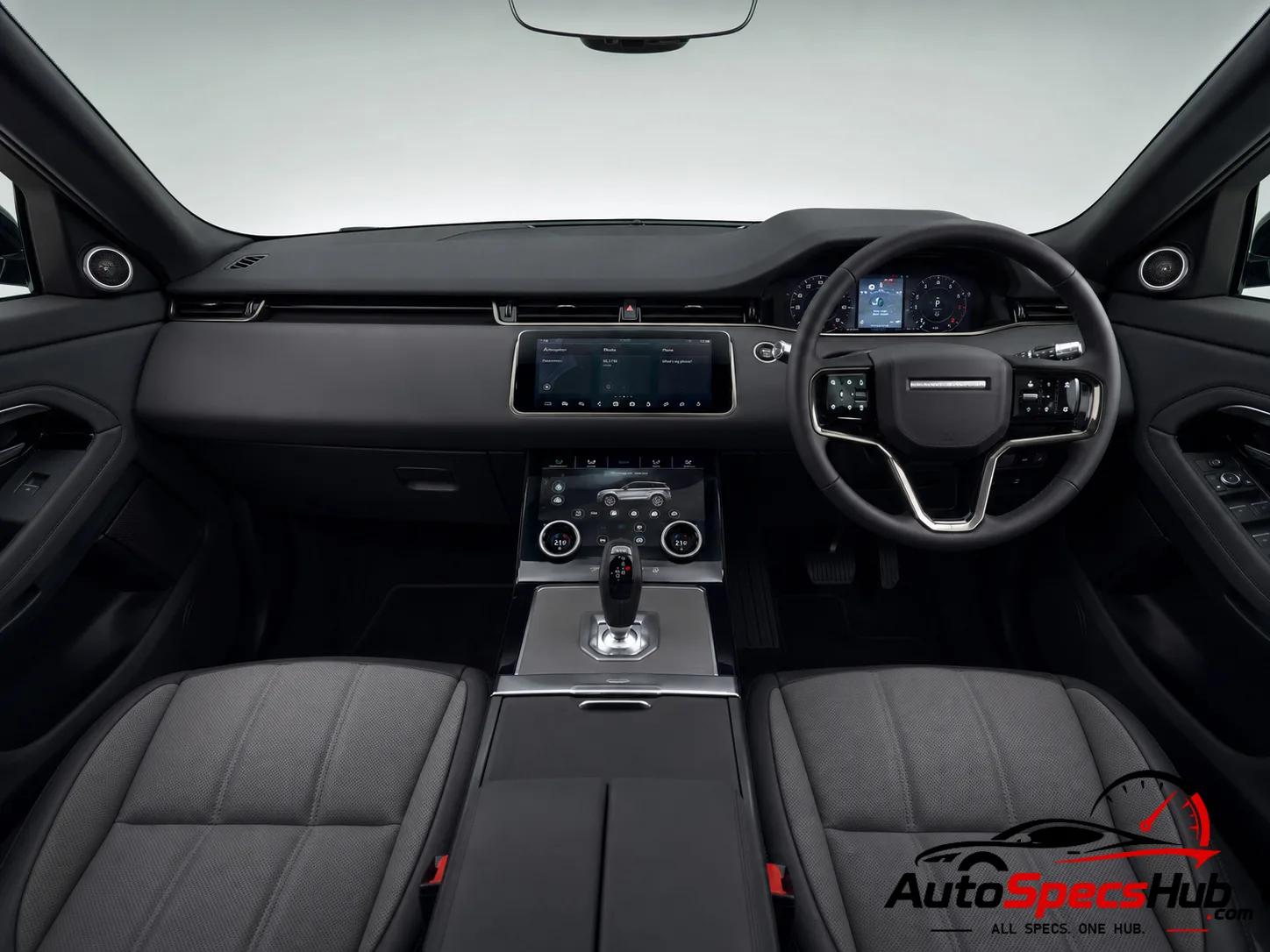 2019 Land Rover Range Rover Evoque D150 MHEV interior dashboard and front cabin with black leather seats