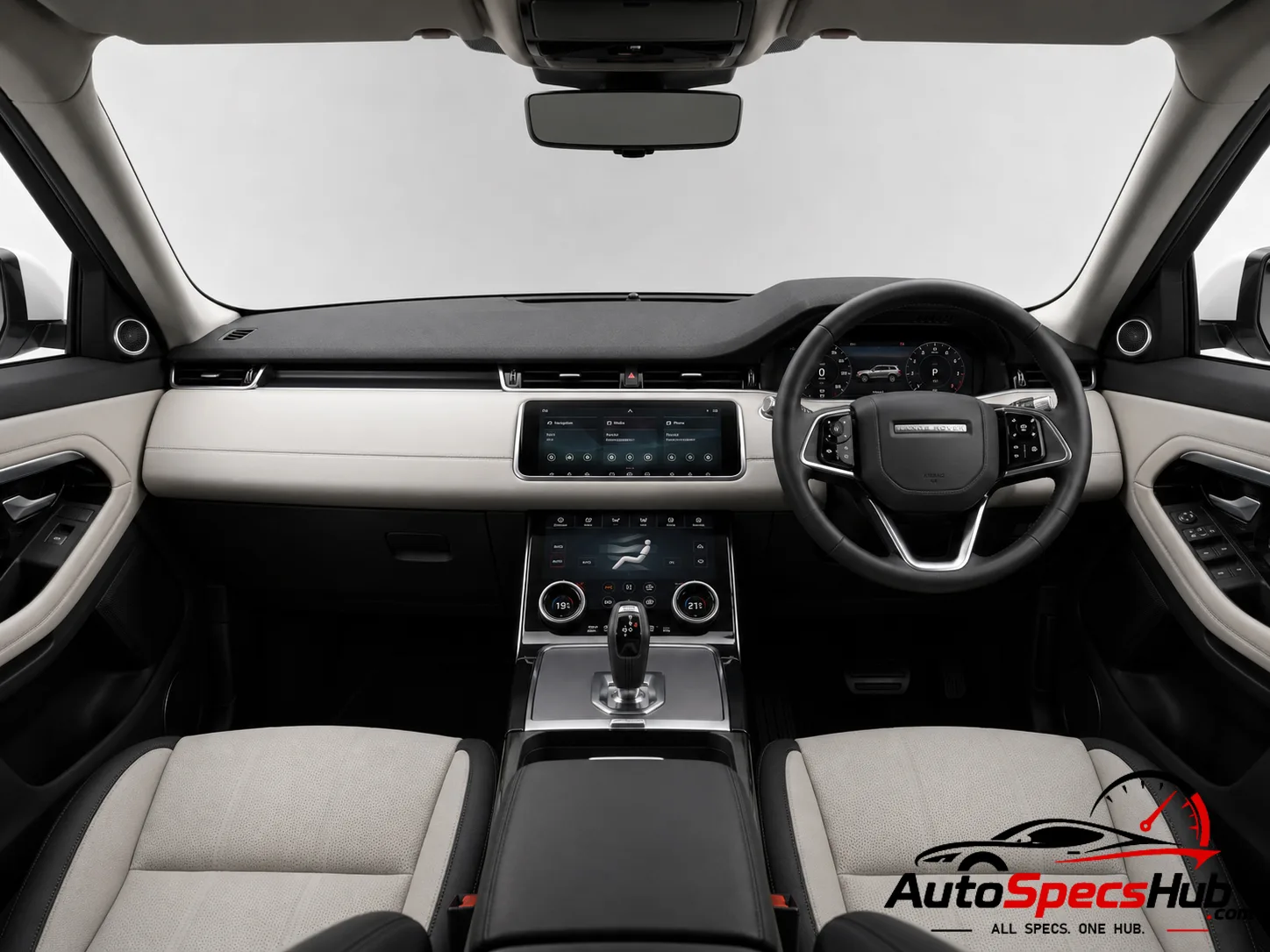 2019 Land Rover Range Rover Evoque D180 MHEV interior dashboard and front cabin with light leather seats