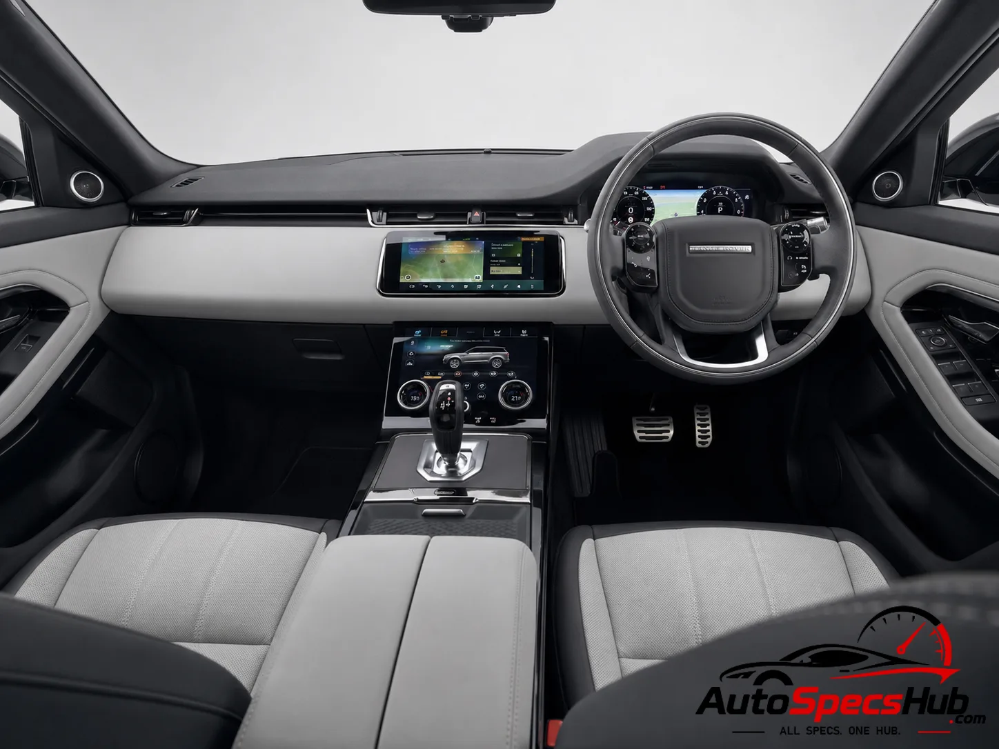 2019 Land Rover Range Rover Evoque P200 MHEV interior dashboard and front cabin with light leather seats