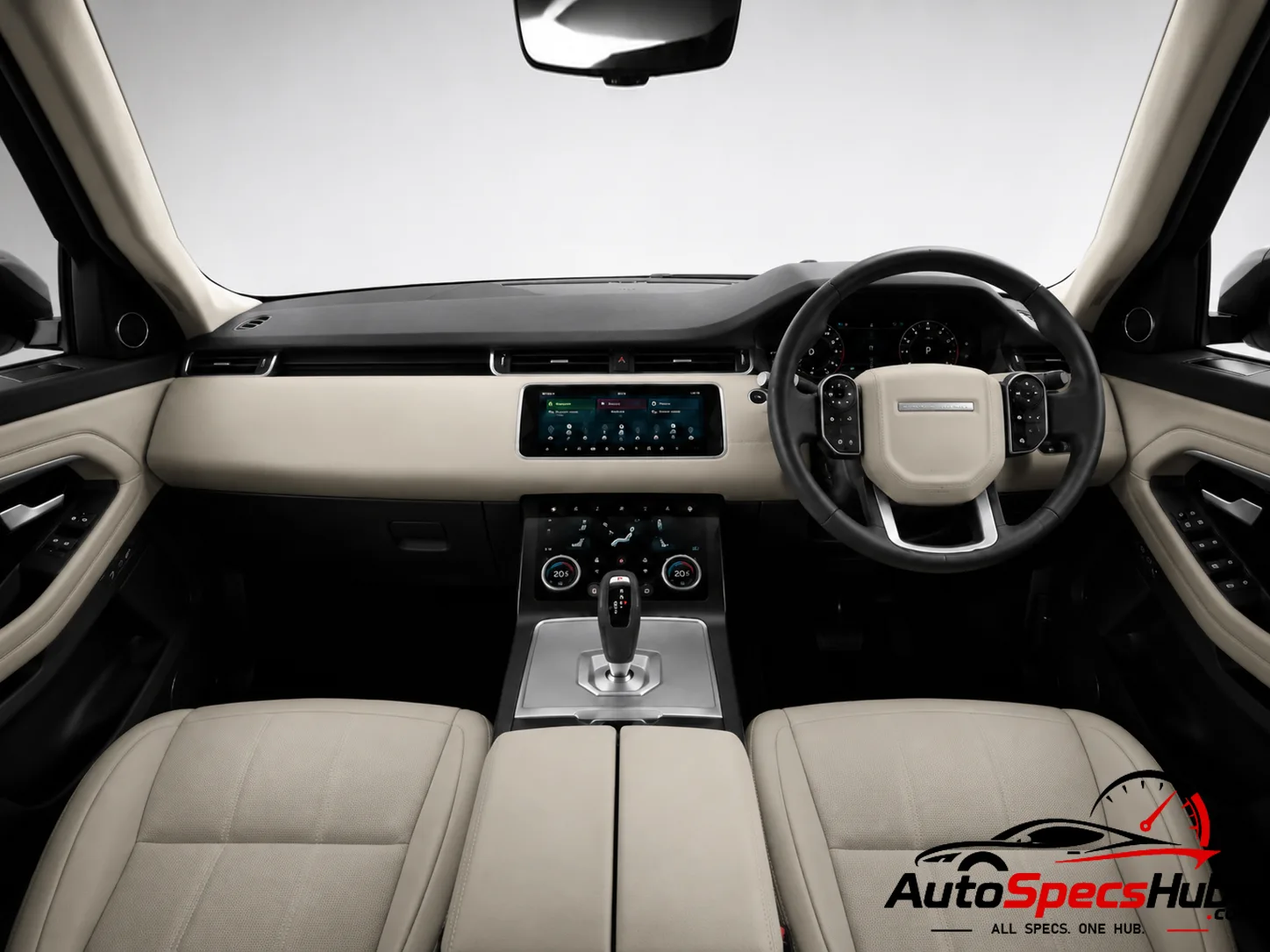 2019 Land Rover Range Rover Evoque D240 MHEV interior dashboard and front cabin with light leather seats