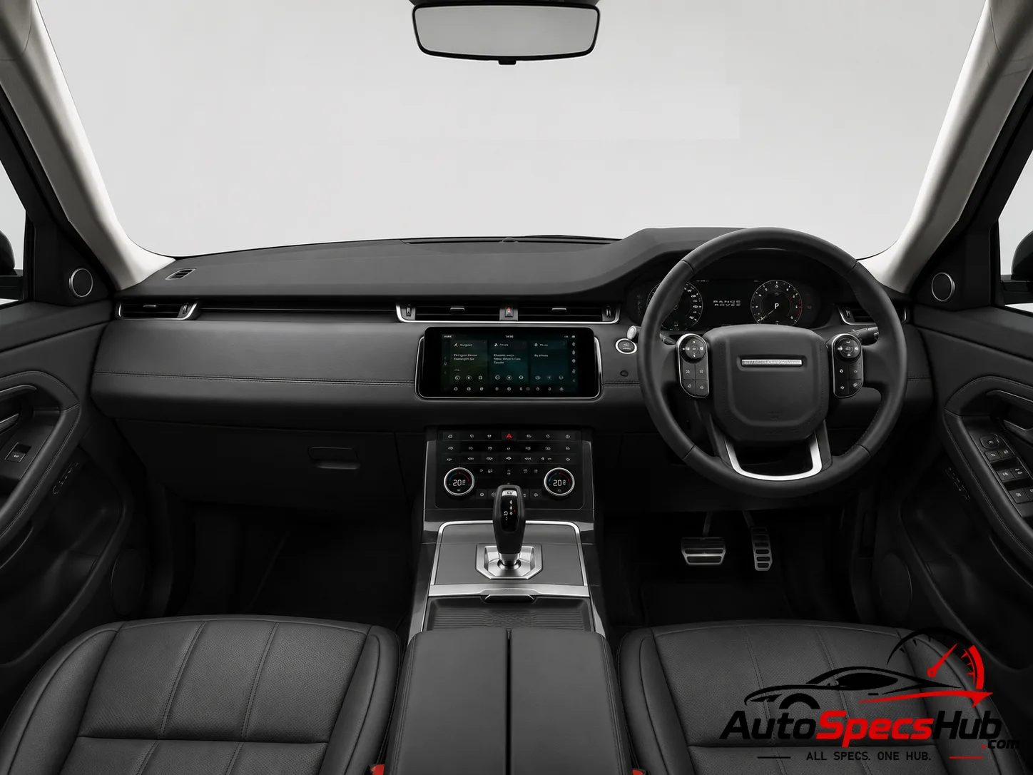 2019 Land Rover Range Rover Evoque P250 MHEV interior dashboard and front cabin with black leather seats