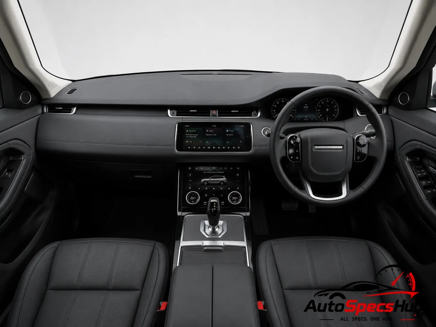 2020 Land Rover Range Rover Evoque P300e PHEV interior dashboard and front cabin with black leather seats