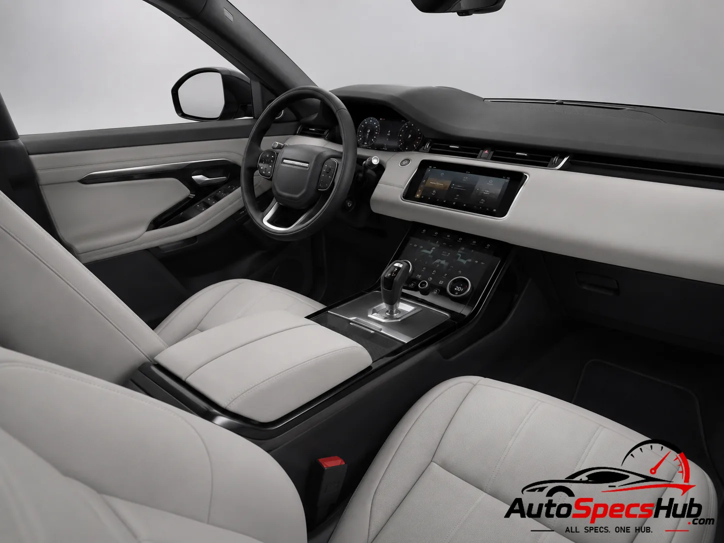 2019 Land Rover Range Rover Evoque P300 MHEV interior dashboard and front cabin with light leather seats