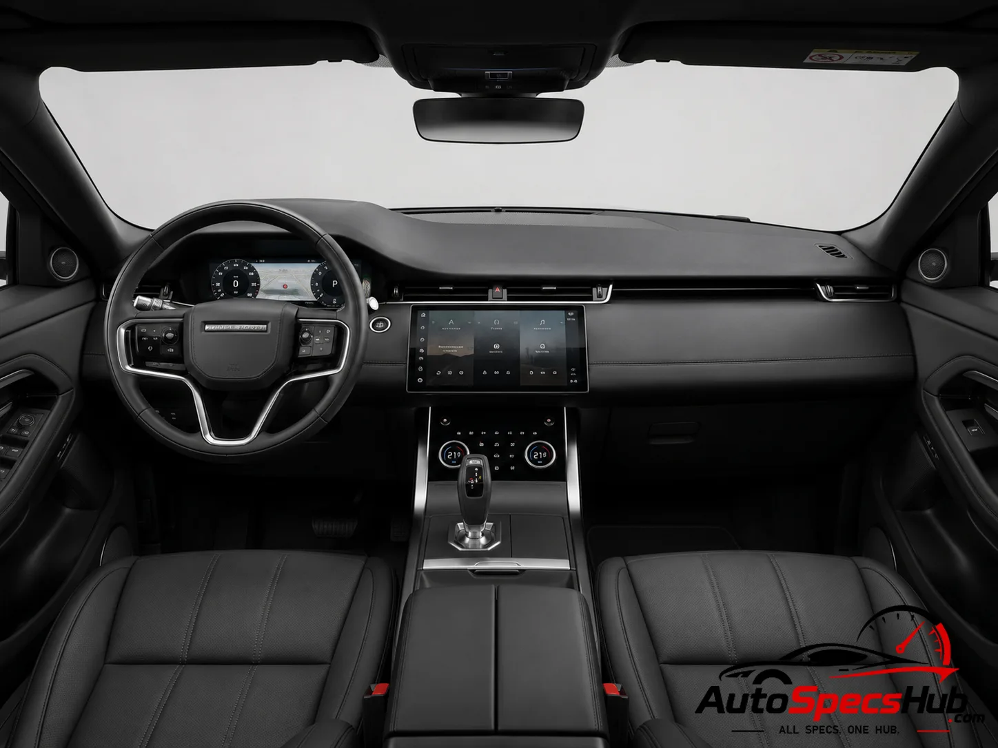 2023 Land Rover Range Rover Evoque P250 MHEV interior dashboard and front cabin with black leather seats
