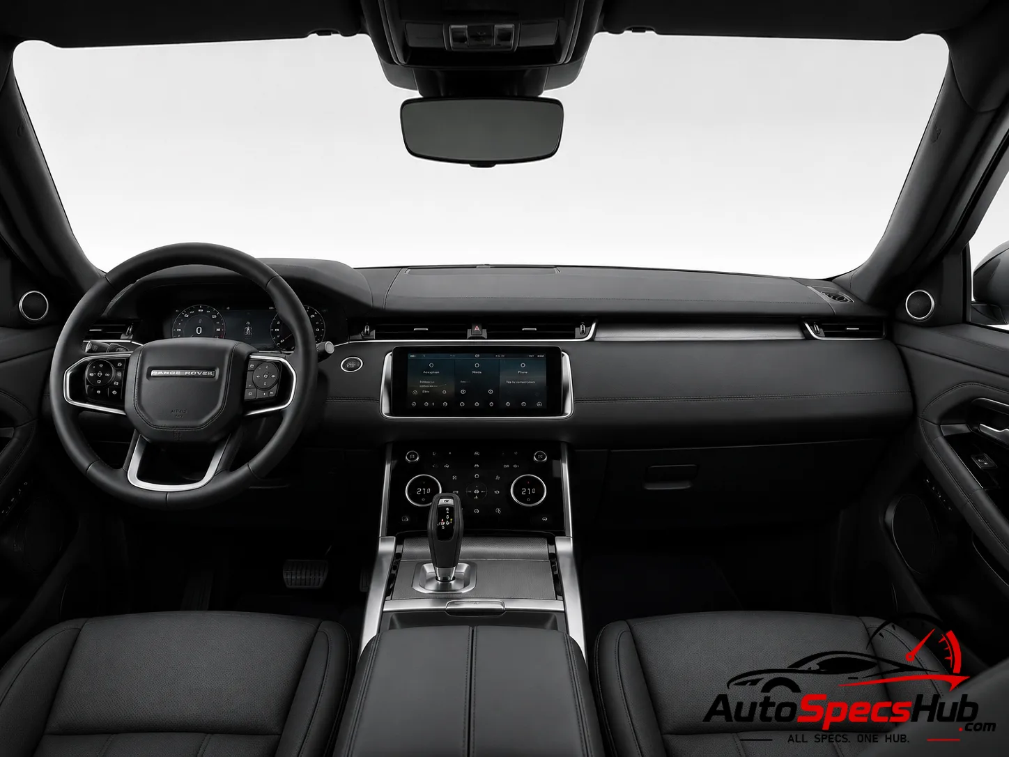 2023 Land Rover Range Rover Evoque P160 MHEV interior dashboard and front cabin with black leather seats