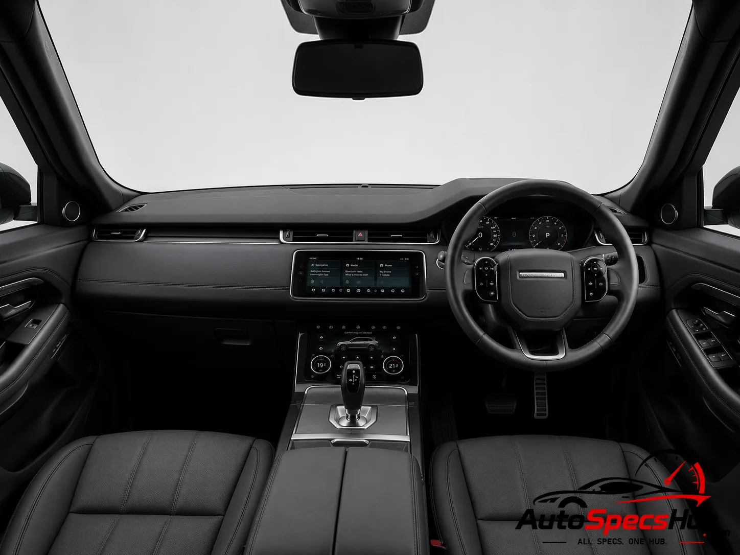 2023 Land Rover Range Rover Evoque D165 2WD interior dashboard and front cabin with black leather seats