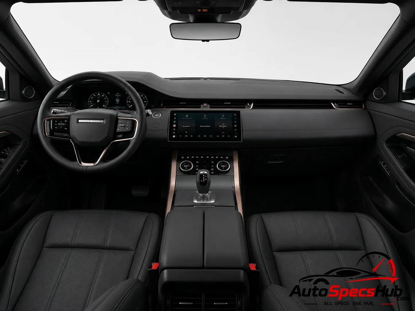 2023 Land Rover Range Rover Evoque D165 MHEV interior dashboard and front cabin with black leather seats
