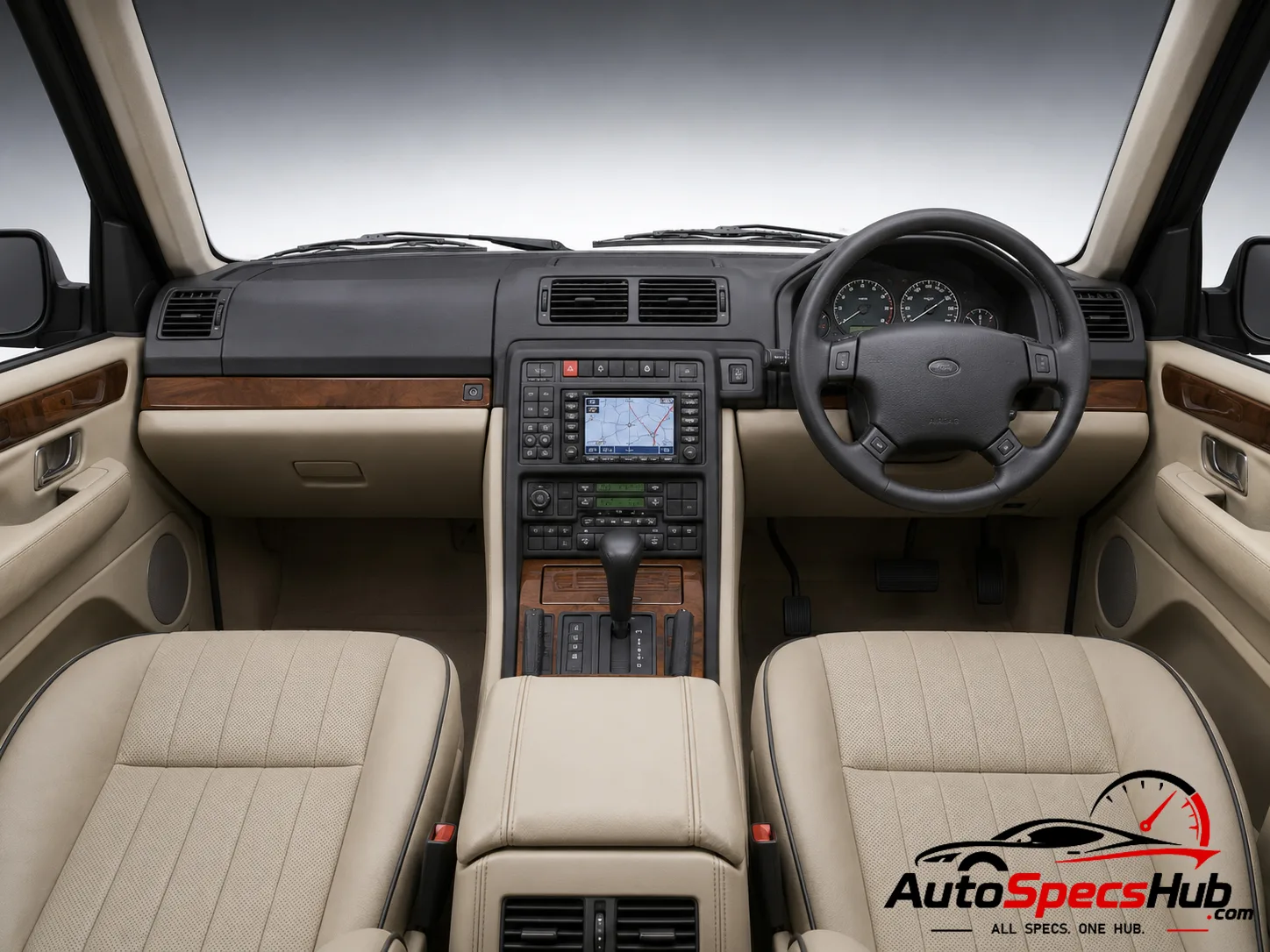 2002 Land Rover Range Rover Td6 interior dashboard and front cabin with beige leather seats