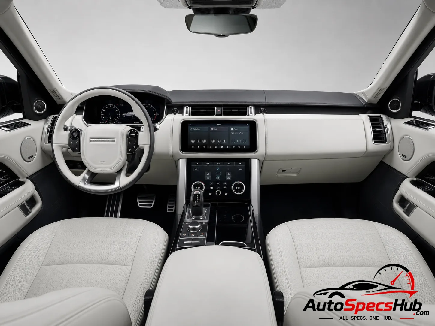 2018 Land Rover Range Rover SV Coupé interior dashboard and front cabin with white leather seats