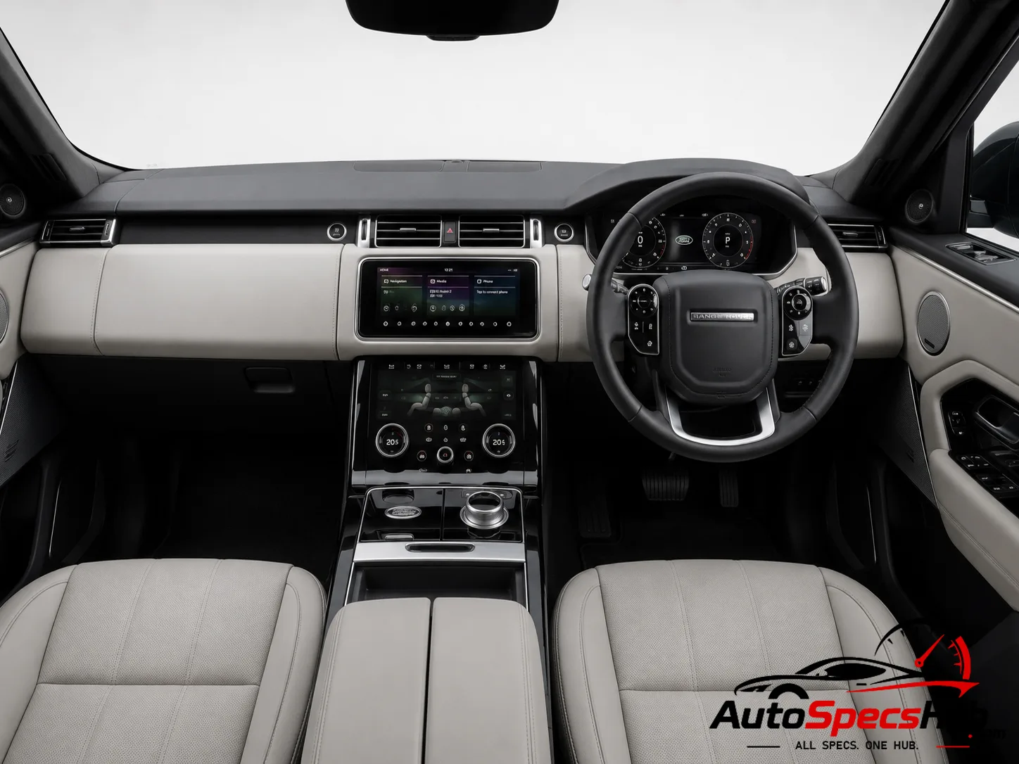 2019 Land Rover Range Rover P400 MHEV interior dashboard and front cabin with ivory leather seats